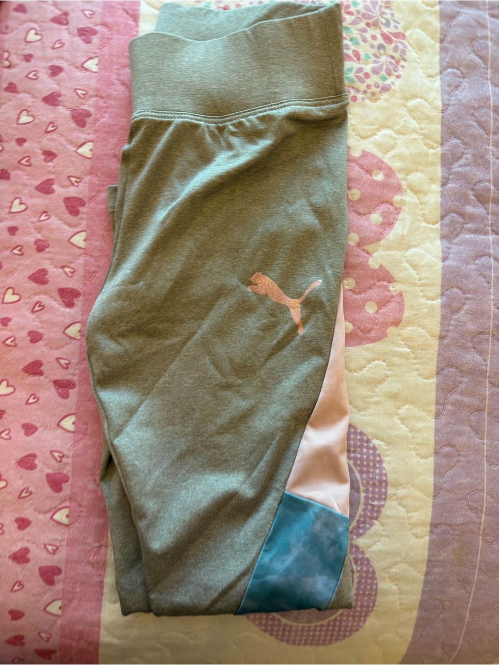 Puma Girls' Olive Green Leggings with Pink Logo and Blue Accent